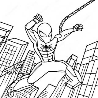 Lego Iron Spider Swinging Through City Coloring Page