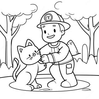 Friendly Firefighter Saving a Cat Coloring Page | Community Helpers 塗色頁