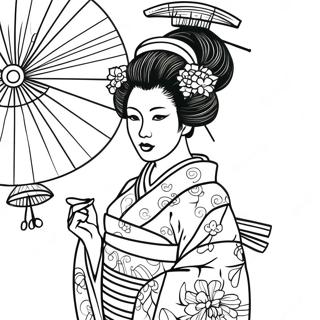 Elegant Geisha in Kimono Coloring Page | Geisha 塗色頁