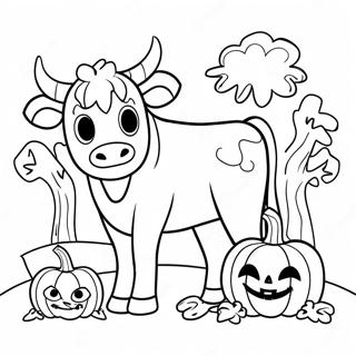 Spooky Halloween Cow with Pumpkins Coloring Page | Halloween Cow 塗色頁