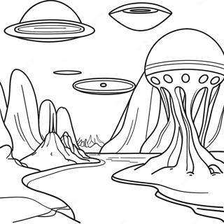 Futuristic Alien Landscape Coloring Page | Science Fiction 塗色頁