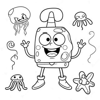 Happy SpongeBob with Jellyfish Coloring Page