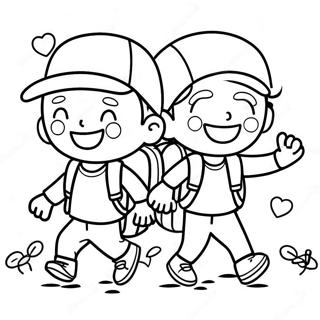 Excited Kids with Backpacks Coloring Page | First Day of School Kindergarten 塗色頁