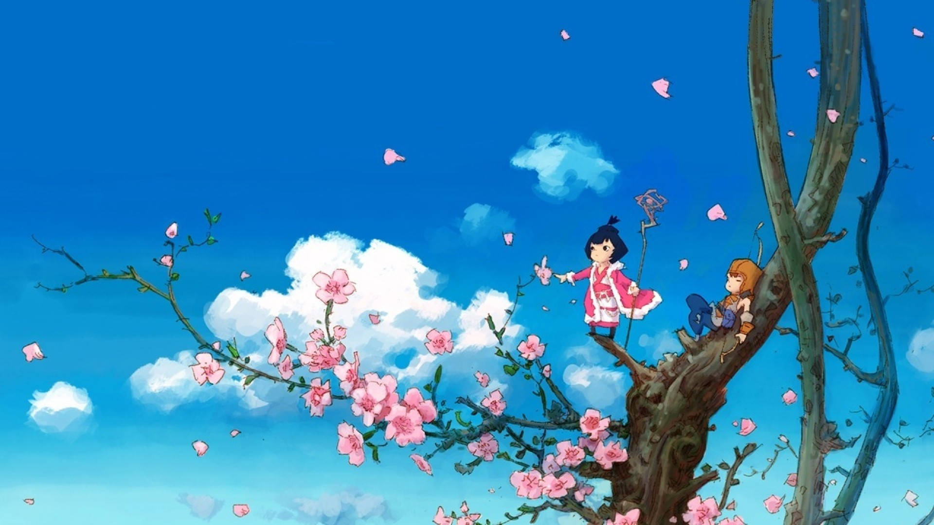 Wallpaper anime, tree, sky, clouds