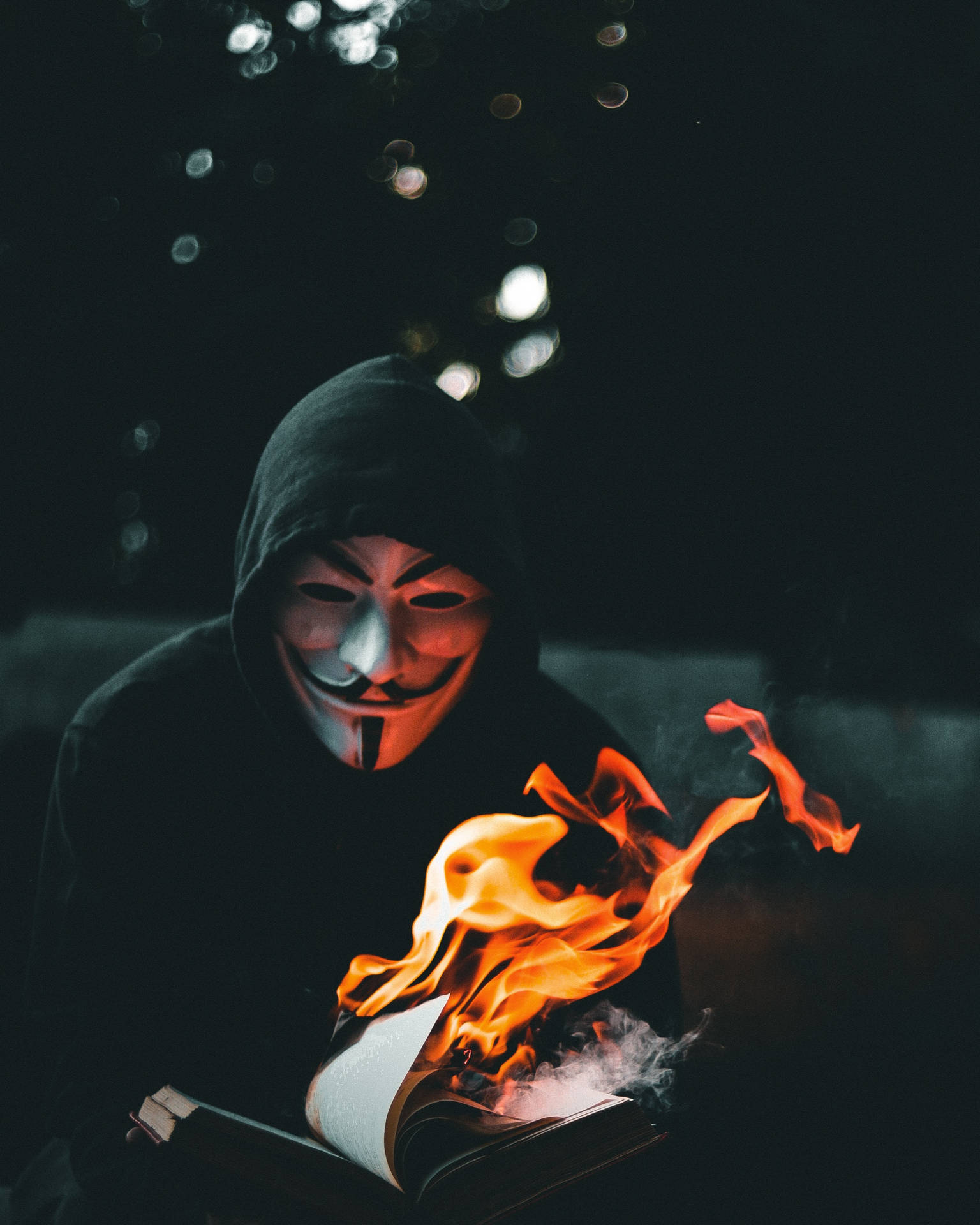 Preview wallpaper anonymous, mask, book, fire