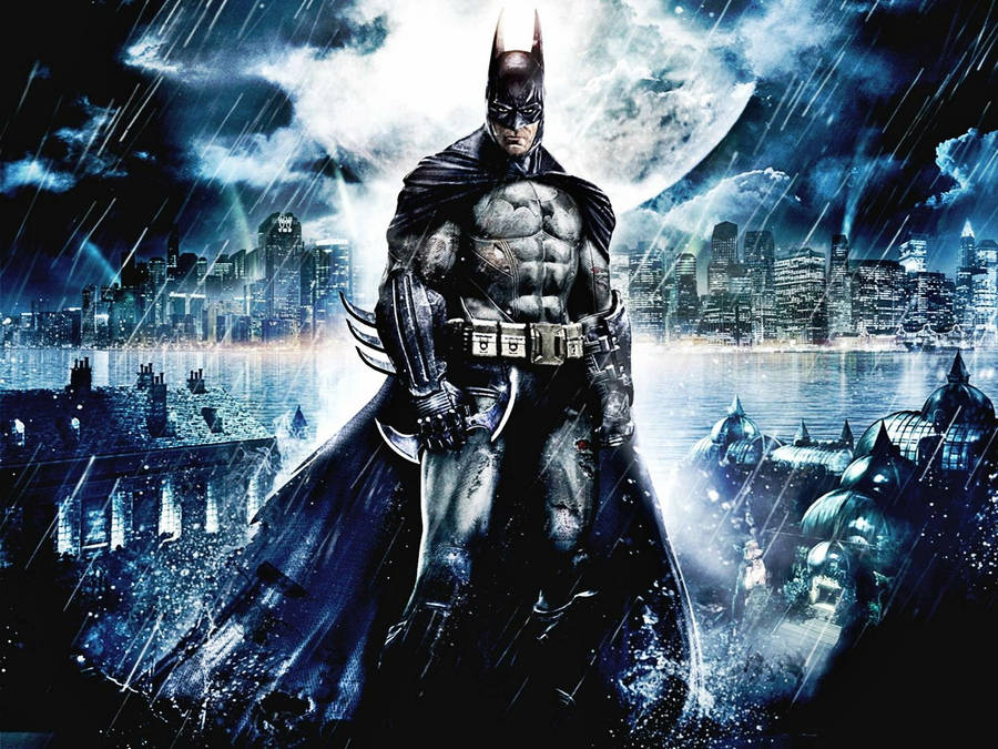 Batman standing in the rain with angry sharp eyes while soaked in the rain.