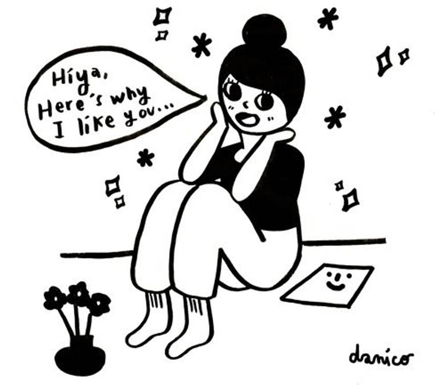kawaii flirt love art black and white happy cute smile fun design illustration excited flowers crush feelings aww flirting hearts emotions girly grace danico GIF