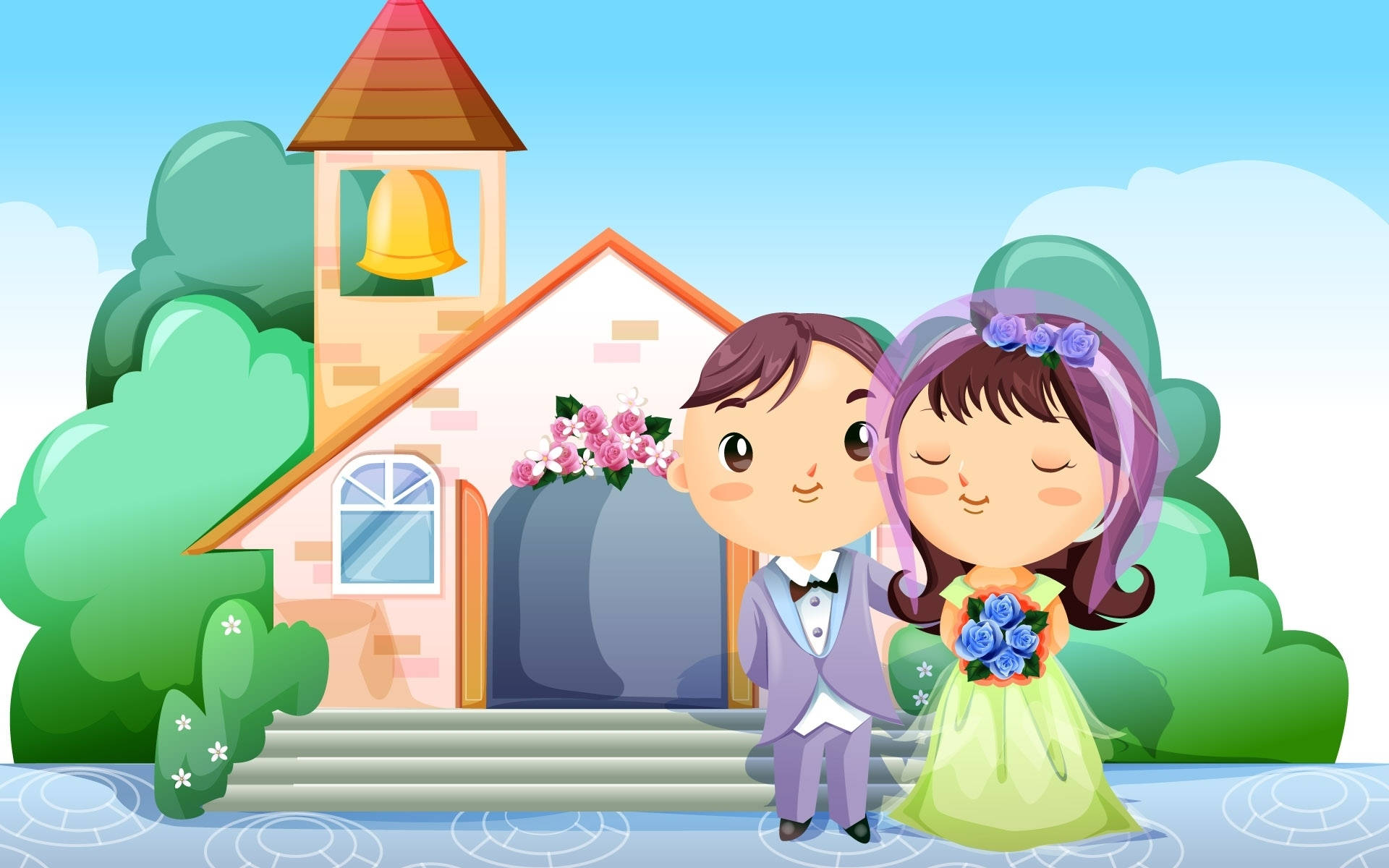 Holiday Wedding 2D Couple Bouquet Flower Church HD Wallpaper | Background Image
