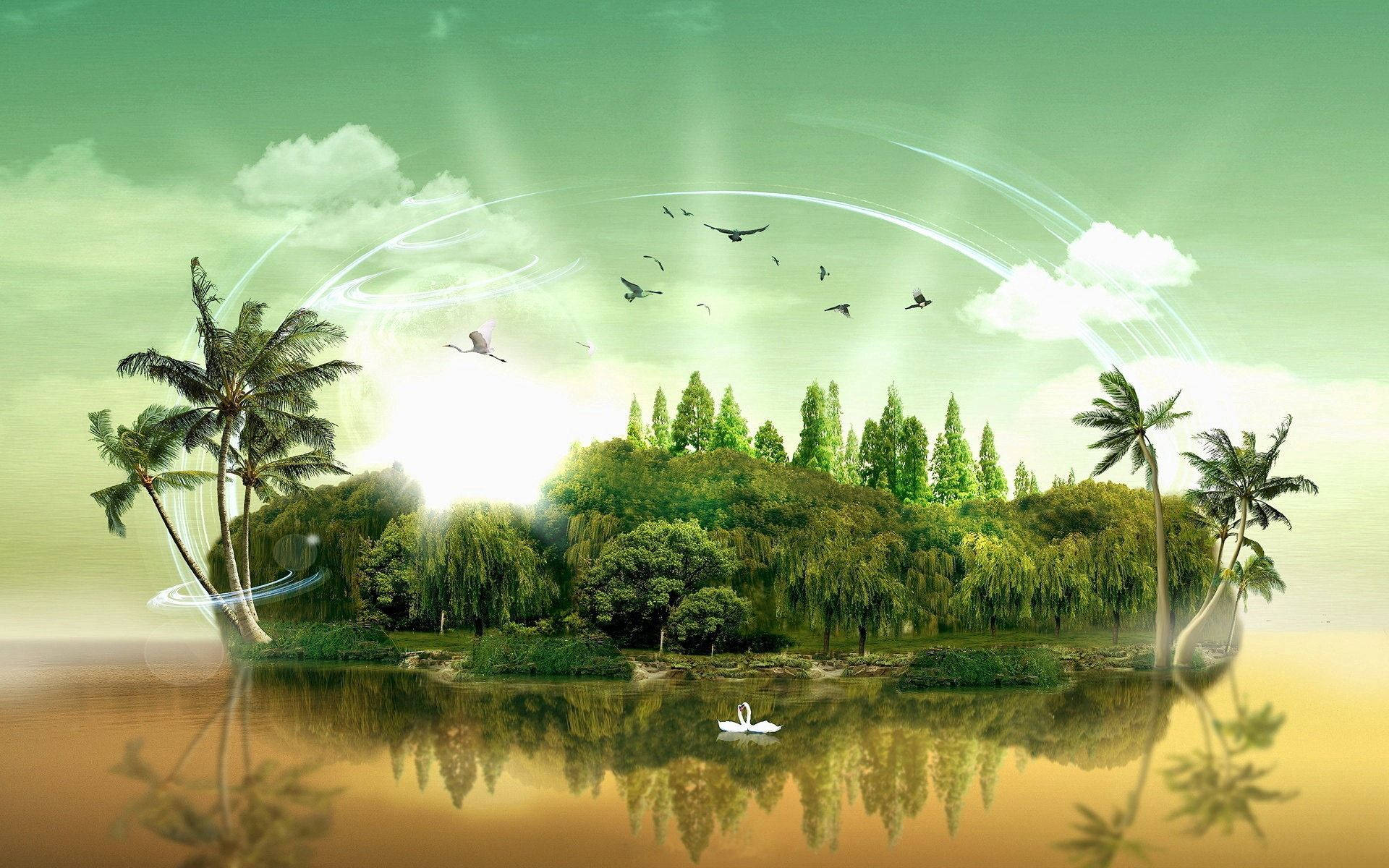 Preview wallpaper island, fantasy, sea, sky, palm trees