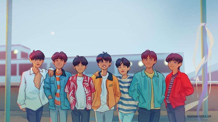七個動漫青少年穿著休閒夾克在戶外一起擺姿勢。 — Euphoria GIF 壁紙
