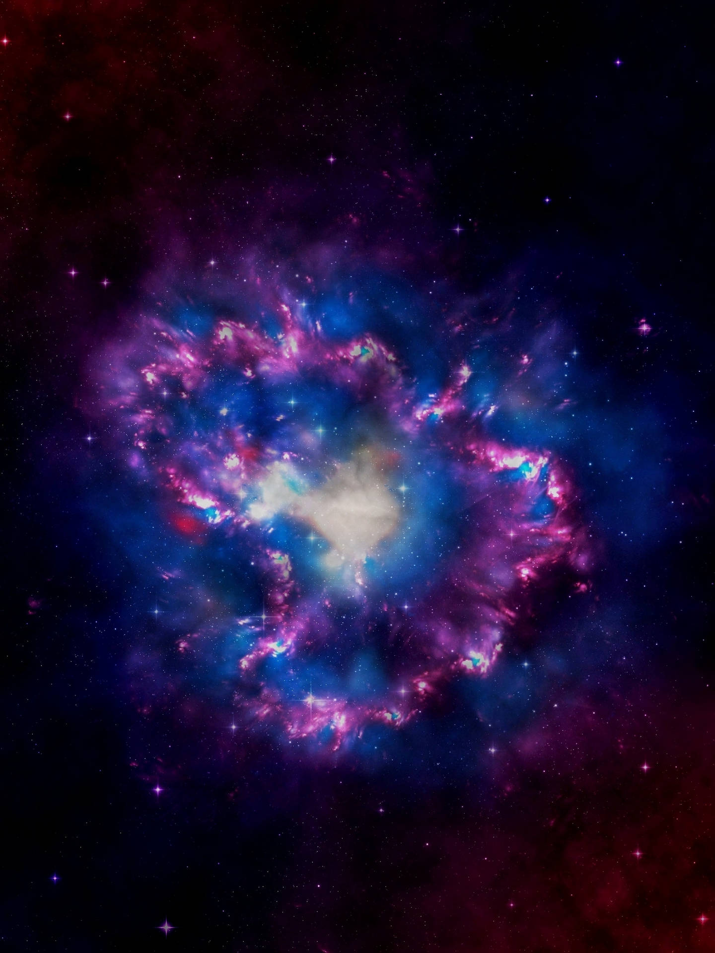 Purple and blue irregular galaxy stars and cosmic dust in universe.