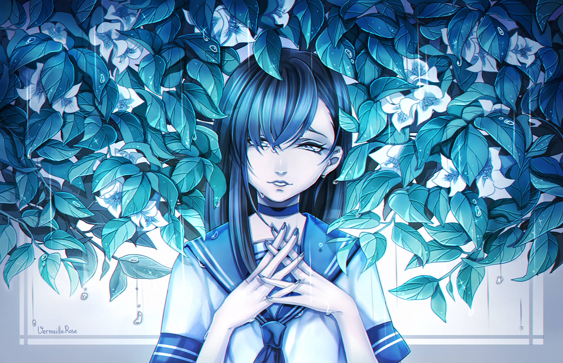 Preview wallpaper girl, anime, sadness, leaves, art