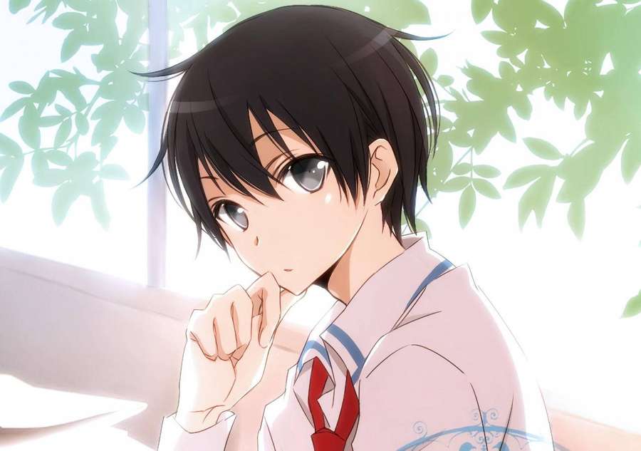 穿著校服的動漫男孩在窗邊思考，旁邊有綠葉 — 刀劍神域 GIF 壁紙