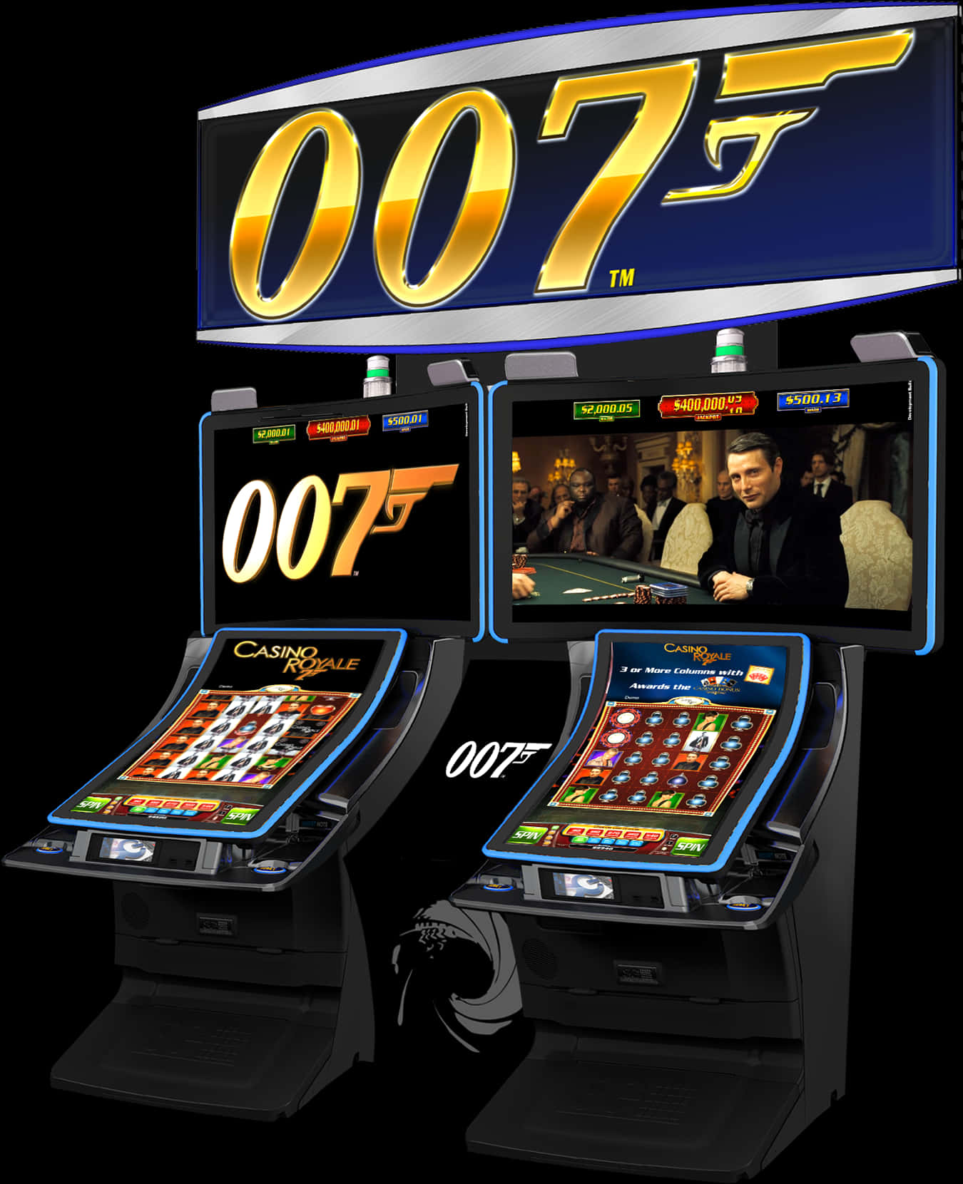 007《皇家賭場》主題遊戲機 壁紙 — 兩部時尚的007 Casino Royale老虎機，在黑色背景下閃耀著金色標誌和鮮豔的遊戲畫面。