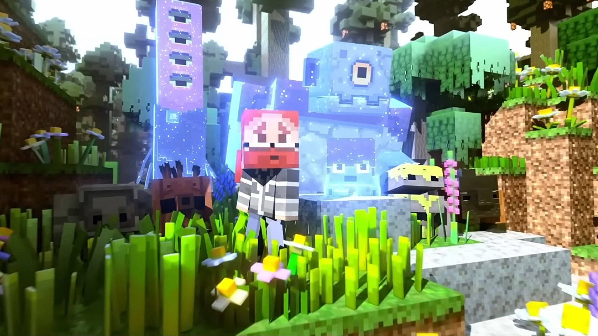 我的世界 1.20 版本 壁紙 — 一個像素化的Minecraft角色站在充滿活力的草地上，周圍有發光的藍色結構和色彩繽紛的花朵，天空明亮。