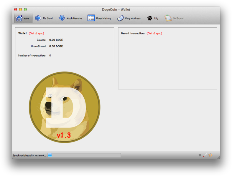 狗狗幣錢包介面版本1.3 壁紙 — DogeCoin錢包軟件界面，顯示金幣上的柴犬狗標誌，餘額為零及同步狀態。