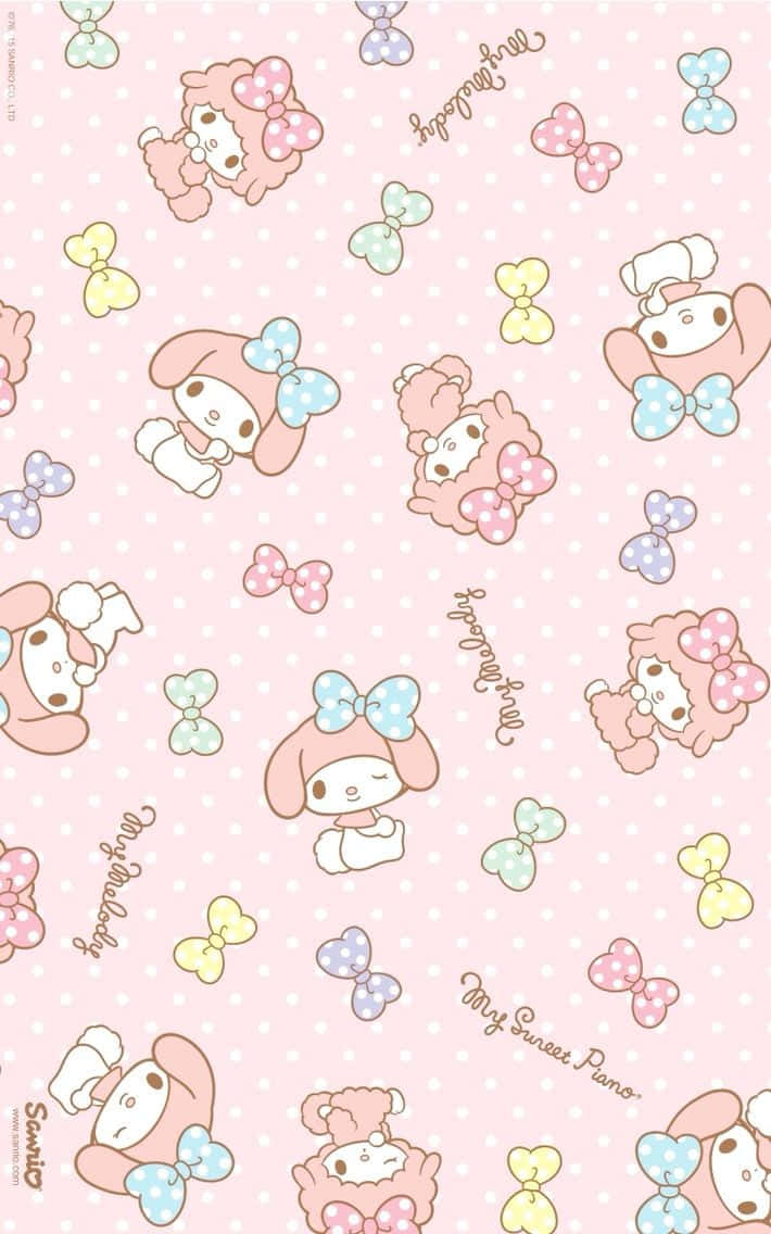 My Melody 角色帶著蝴蝶結在粉紅色圓點背景上。