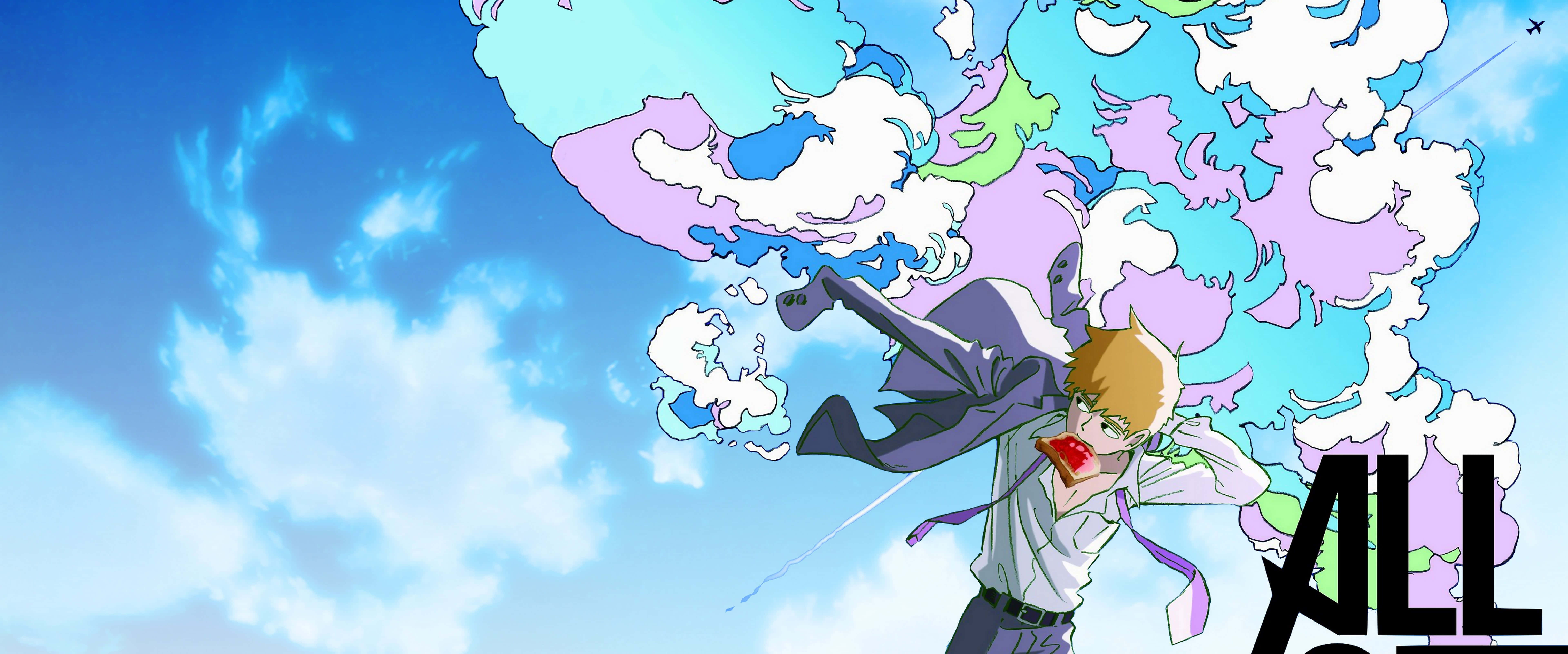 《超能力者100》阿塔卡穿西裝畫面 壁紙 — 一個金髮動漫男孩，穿著白襯衫和紫色外套，跳過充滿活力的天空，周圍環繞著旋轉的粉彩雲，手持一個紅蘋果。