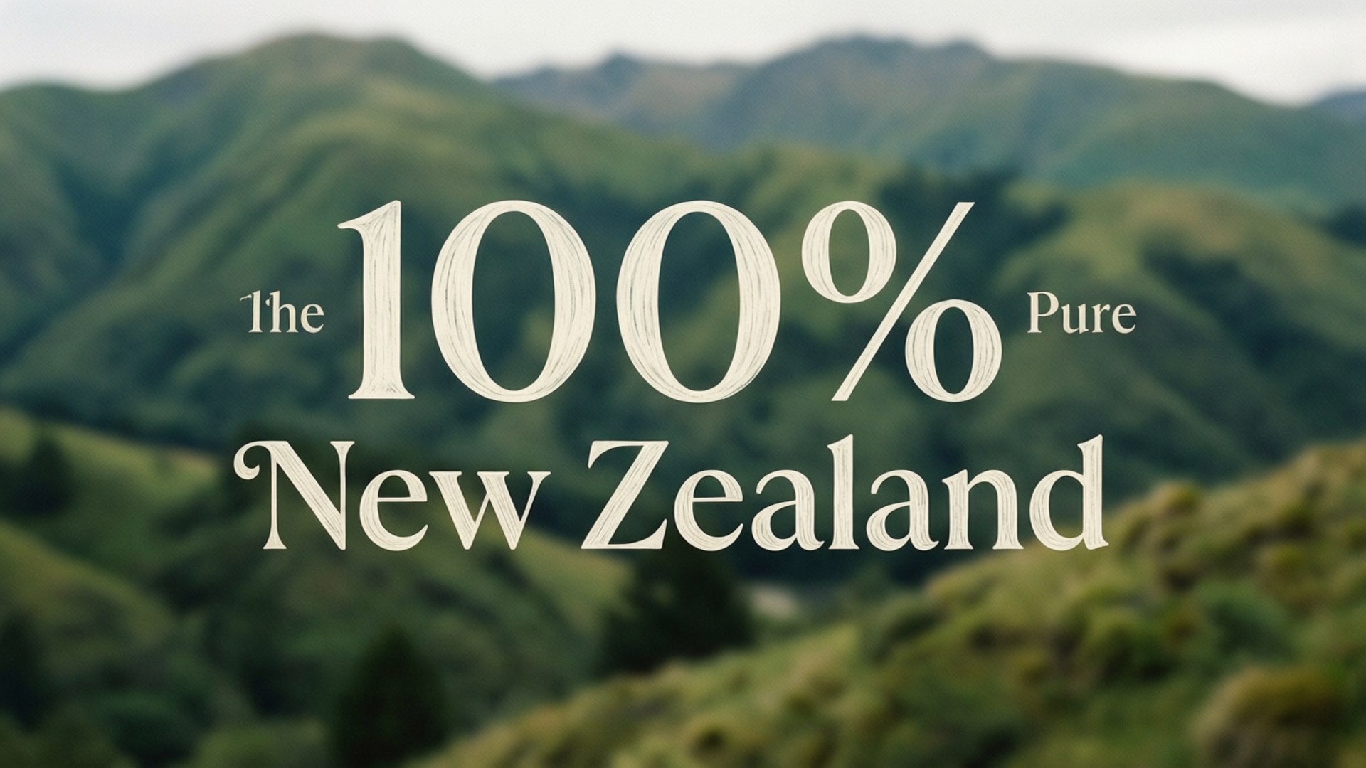 奶油色文字疊加在模糊的綠色山脈上，顯示 'The 100% Pure New Zealand'