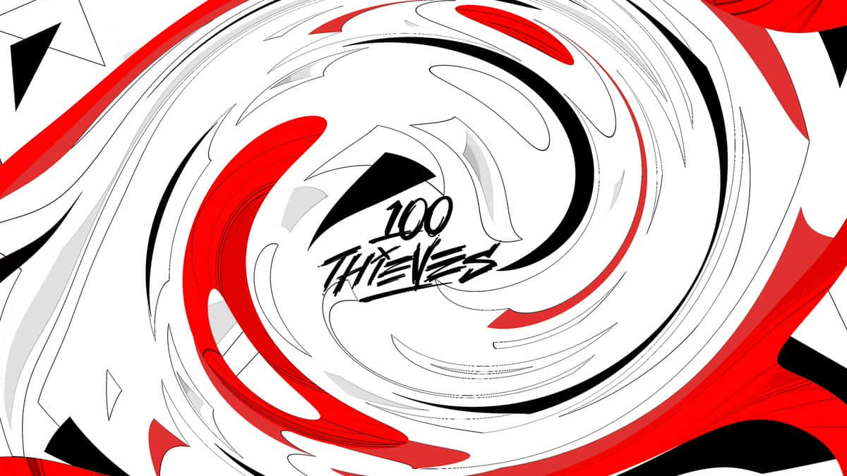 抽象數位藝術作品，帶有旋轉的紅色、黑色和白色圖案，圍繞文字 100 THIEVES。