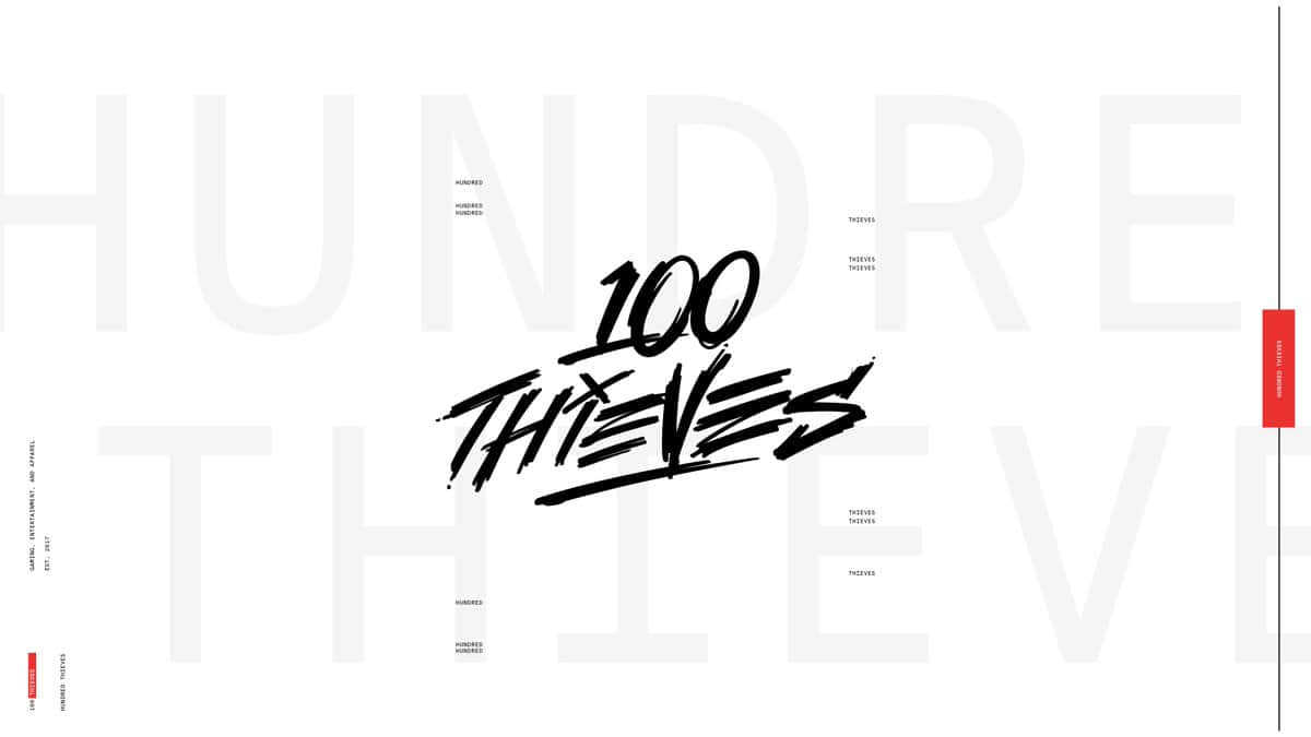 100 Thieves 嘅簡約標誌設計，白色背景上帶有粗黑毛筆筆觸文字。