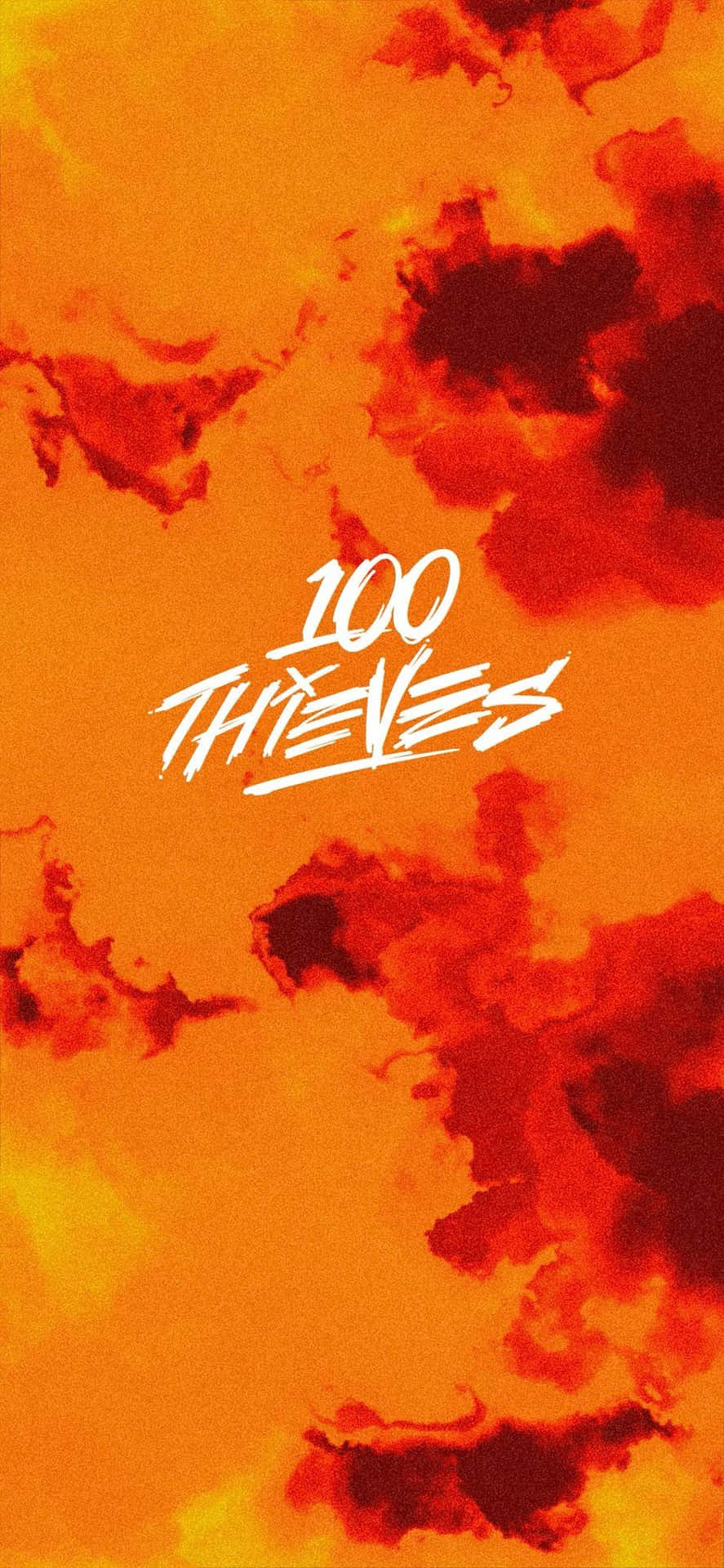 帶有白色 100 THIEVES 標誌的抽象火焰橙色和紅色背景。