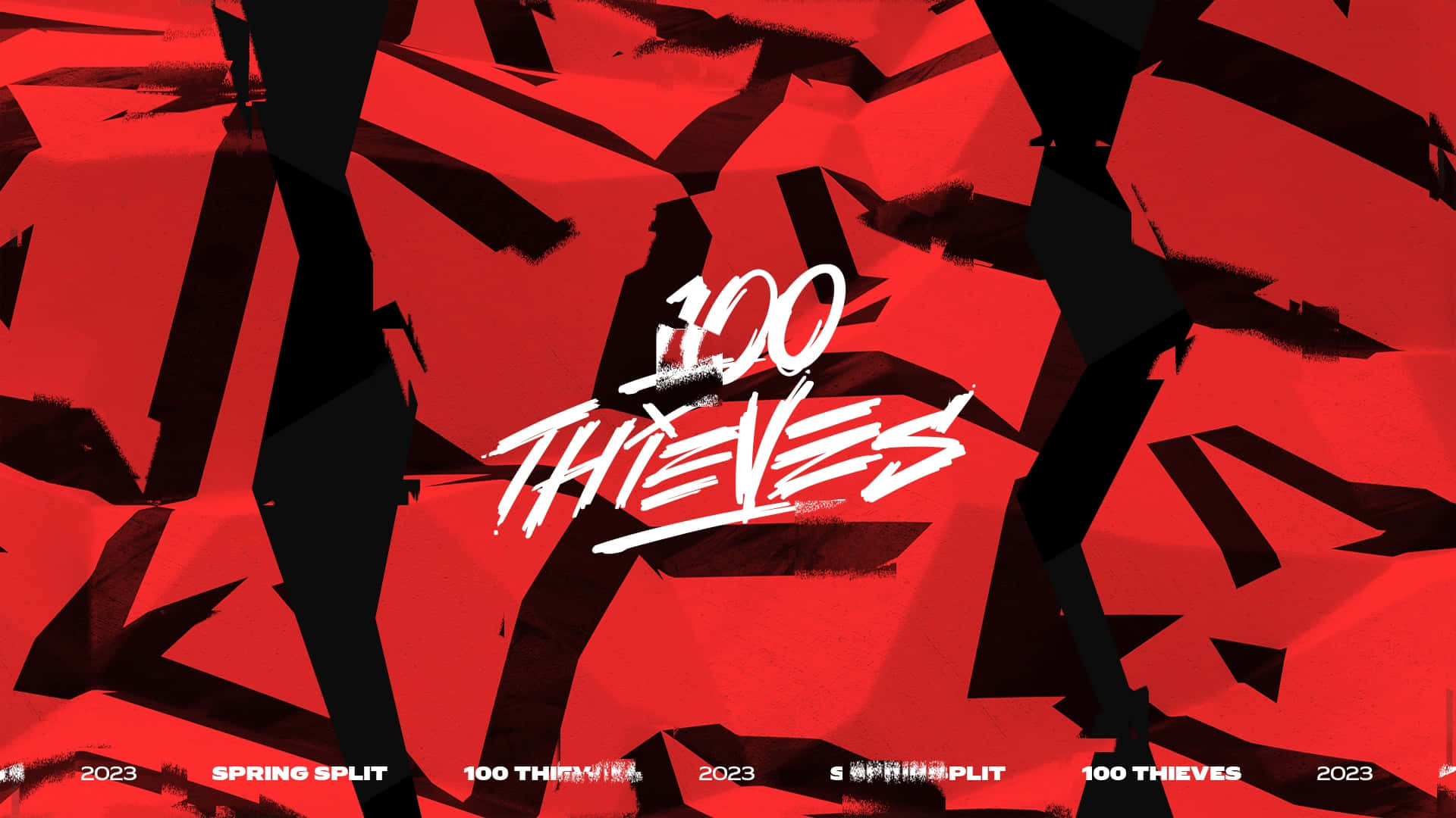 紅黑抽象背景，帶有白色 100 THIEVES 標誌文字。