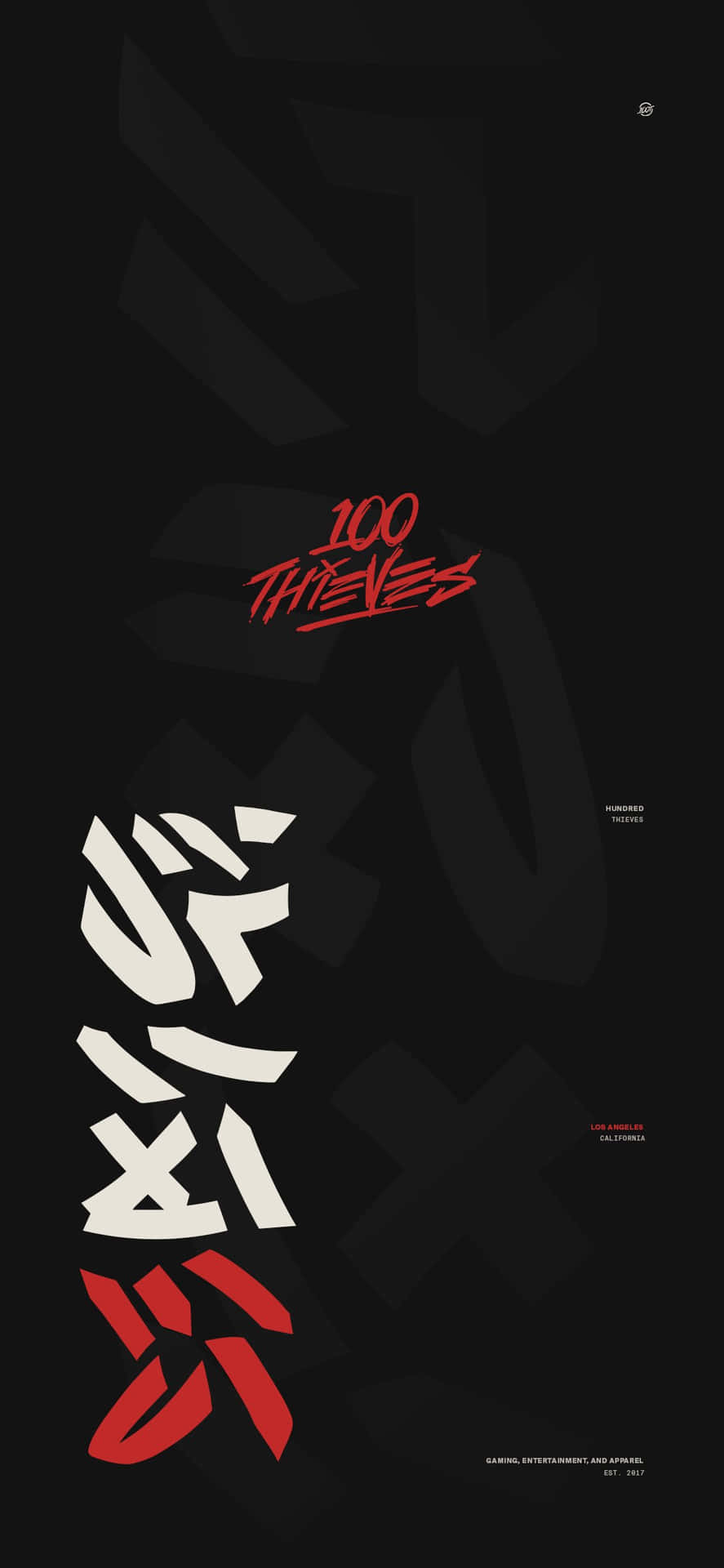 深色抽象背景上的風格化紅色和白色 100 THIEVES 標誌。