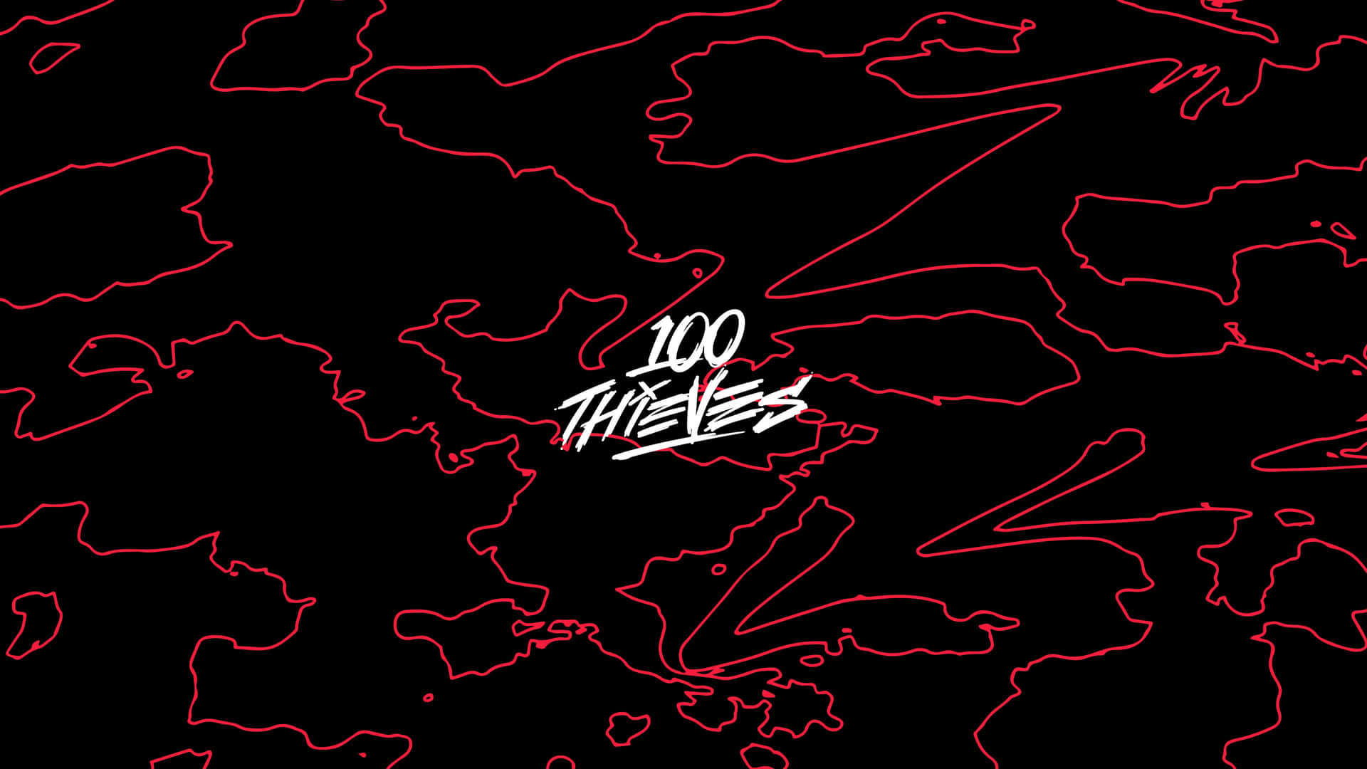 黑色背景上帶有 100 THIEVES 標誌的紅色霓虹線條藝術