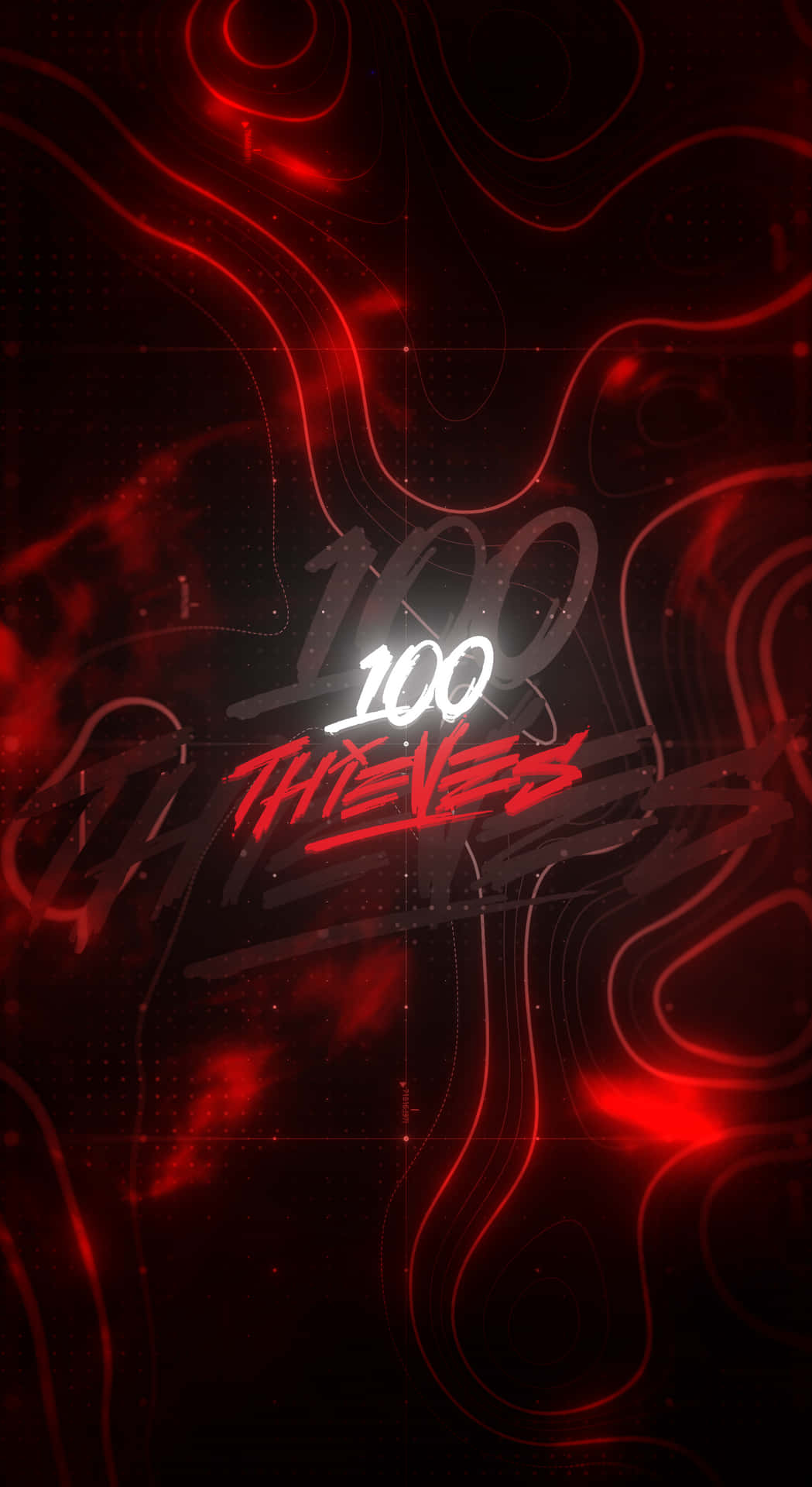 紅色霓虹漩渦和發光的 100 THIEVES 標誌在黑暗的數位網格上。