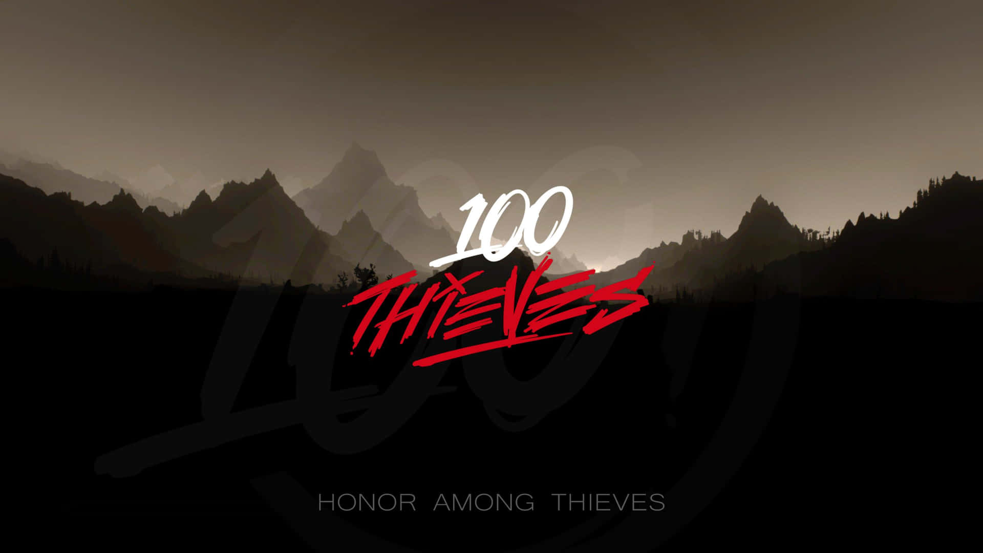 遊戲標誌 100 Thieves 疊加在黃昏時分的黑暗山脈場景上。