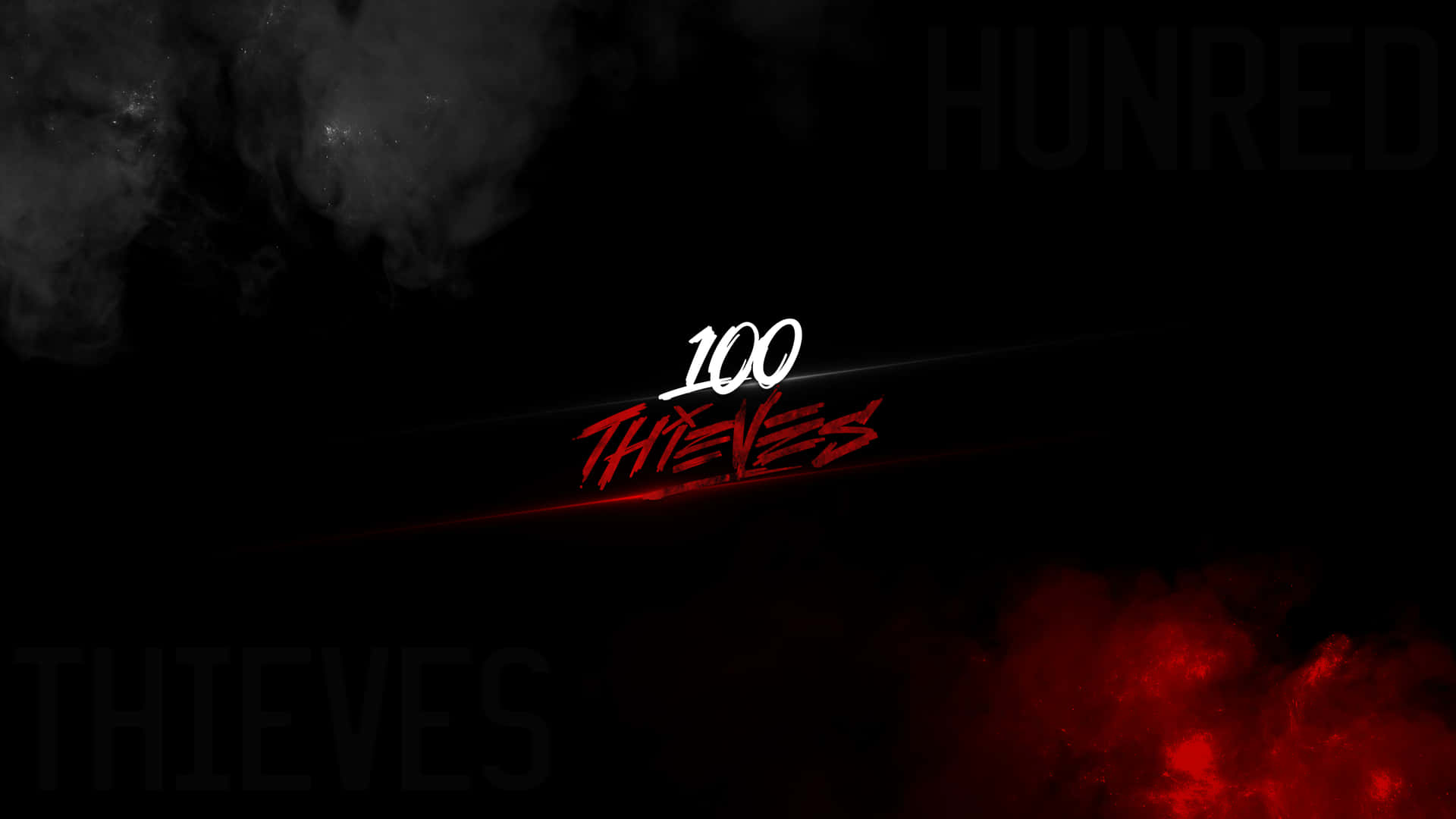 遊戲標誌 100 Thieves，黑色背景上有紅色煙霧