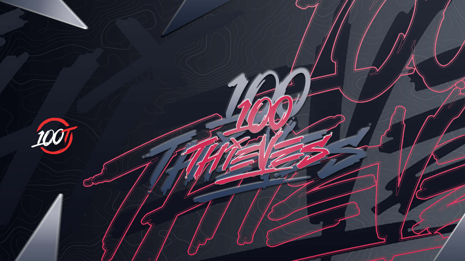 遊戲團隊 100 Thieves 標誌以風格化紅灰色塗鴉呈現於深色背景上。