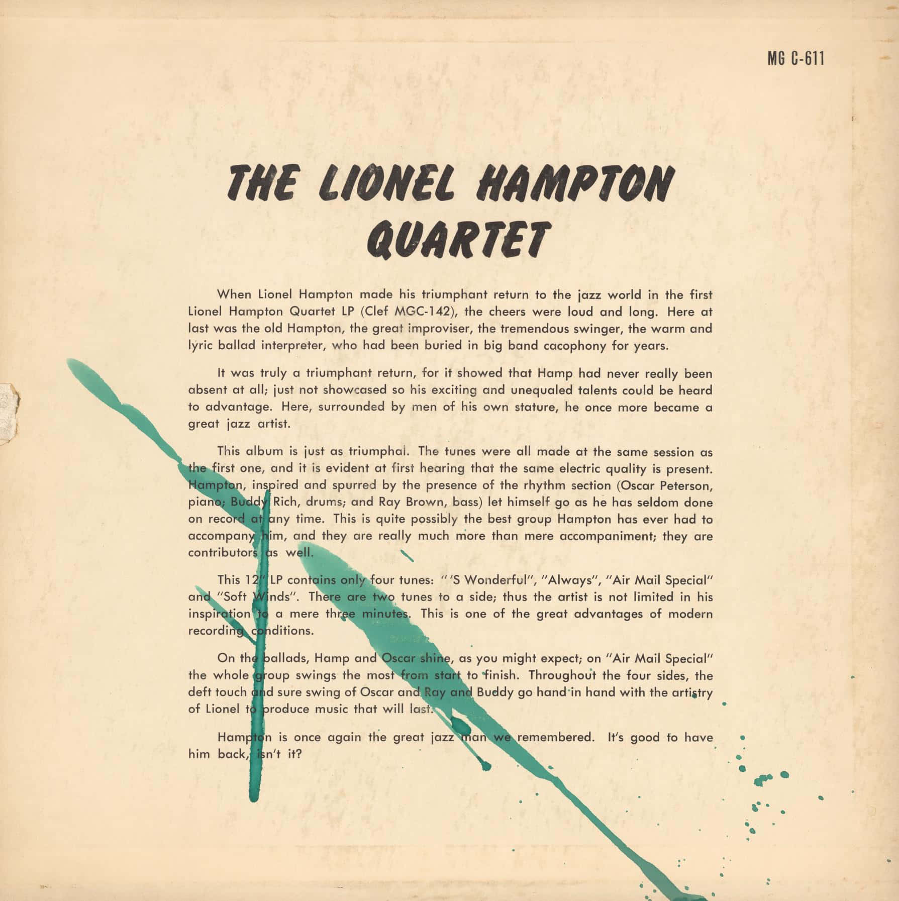10000 著名萊昂內爾·漢普頓 壁紙 — The Lionel Hampton Quartet 的復古爵士專輯封面，在陳舊的奶油色紙張上有青綠色油漆飛濺。