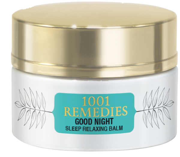 1001 Remedies 晚安安眠膏 壁紙 — 一個帶有金色蓋子的白色罐子，在乾淨的白色背景上裝有「1001 Remedies Good Night Sleep Relaxing Balm」。