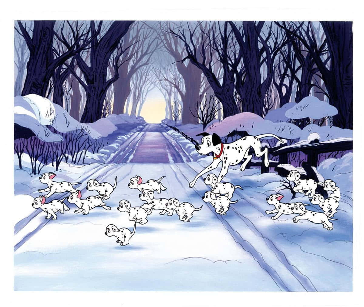 斑點狗和小狗在雪林奔跑的黎明時分。