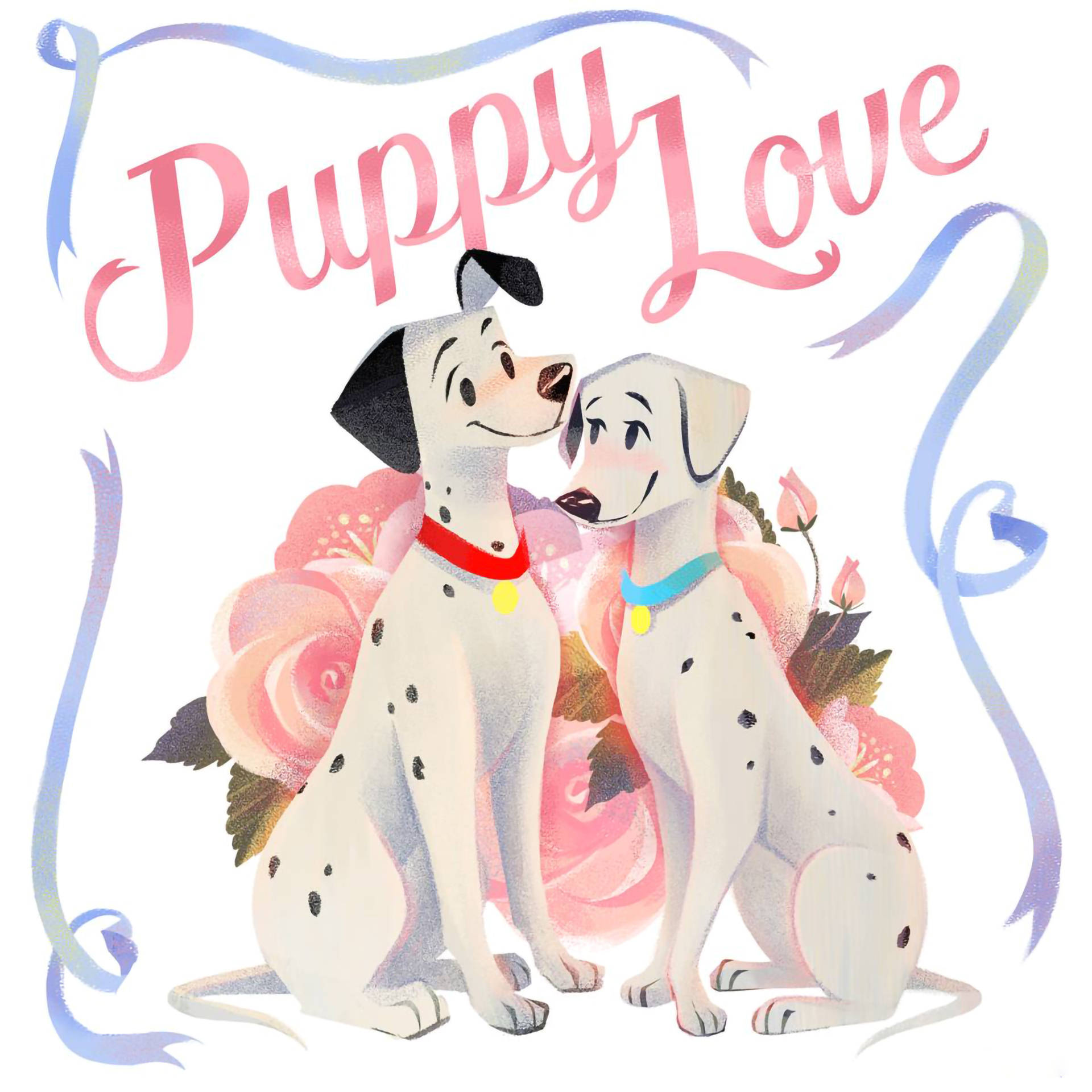 101隻斑點狗：幼犬情侶 壁紙 — 兩隻斑點狗幼崽在粉紅玫瑰和旋轉絲帶中親暱地依偎，上方有 'Puppy Love' 字樣。