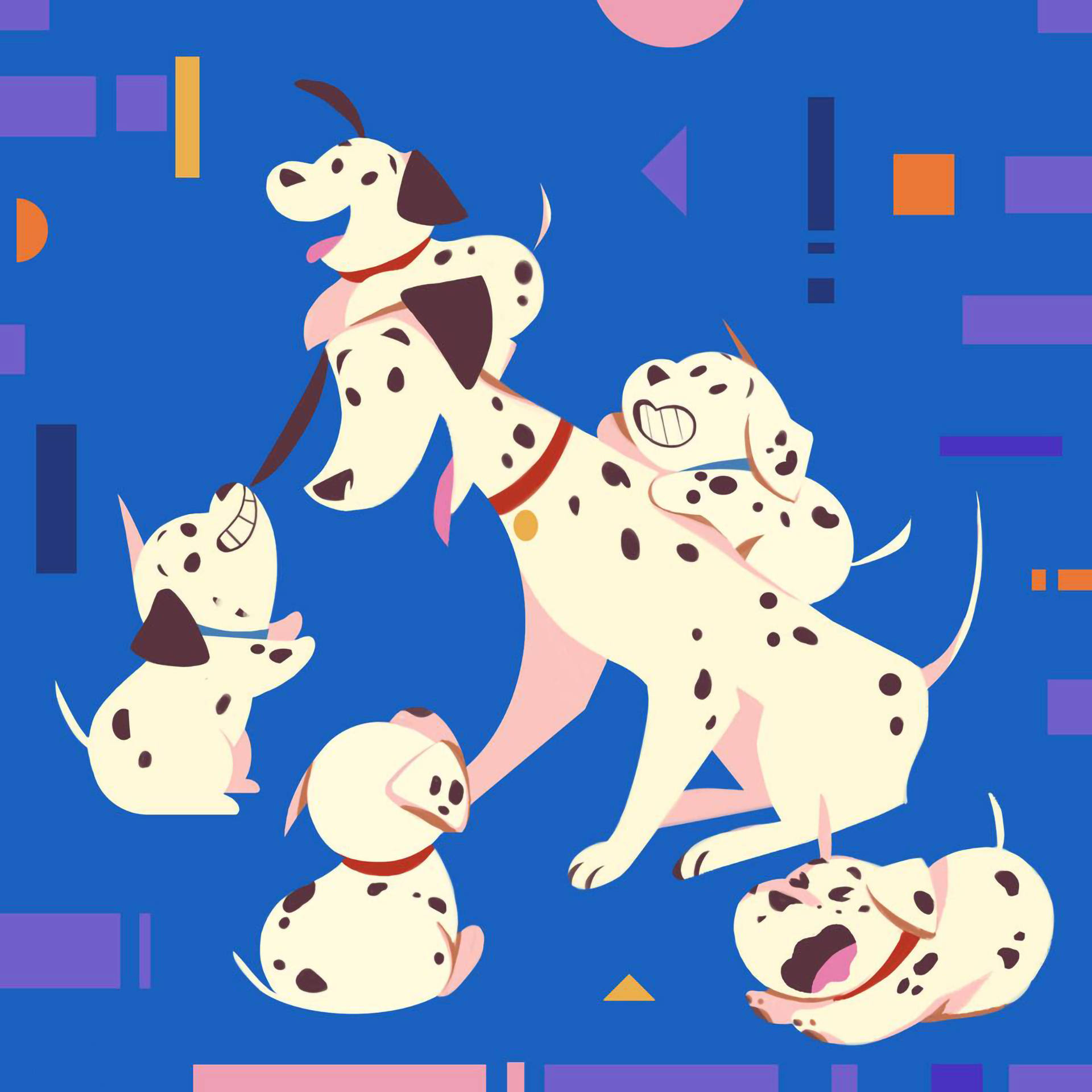 101隻斑點狗：幼犬與彭戈嬉戲 壁紙 — 一群頑皮的大麥町犬以各種姿勢出現在充滿活力的藍色背景上，搭配色彩繽紛的幾何形狀。