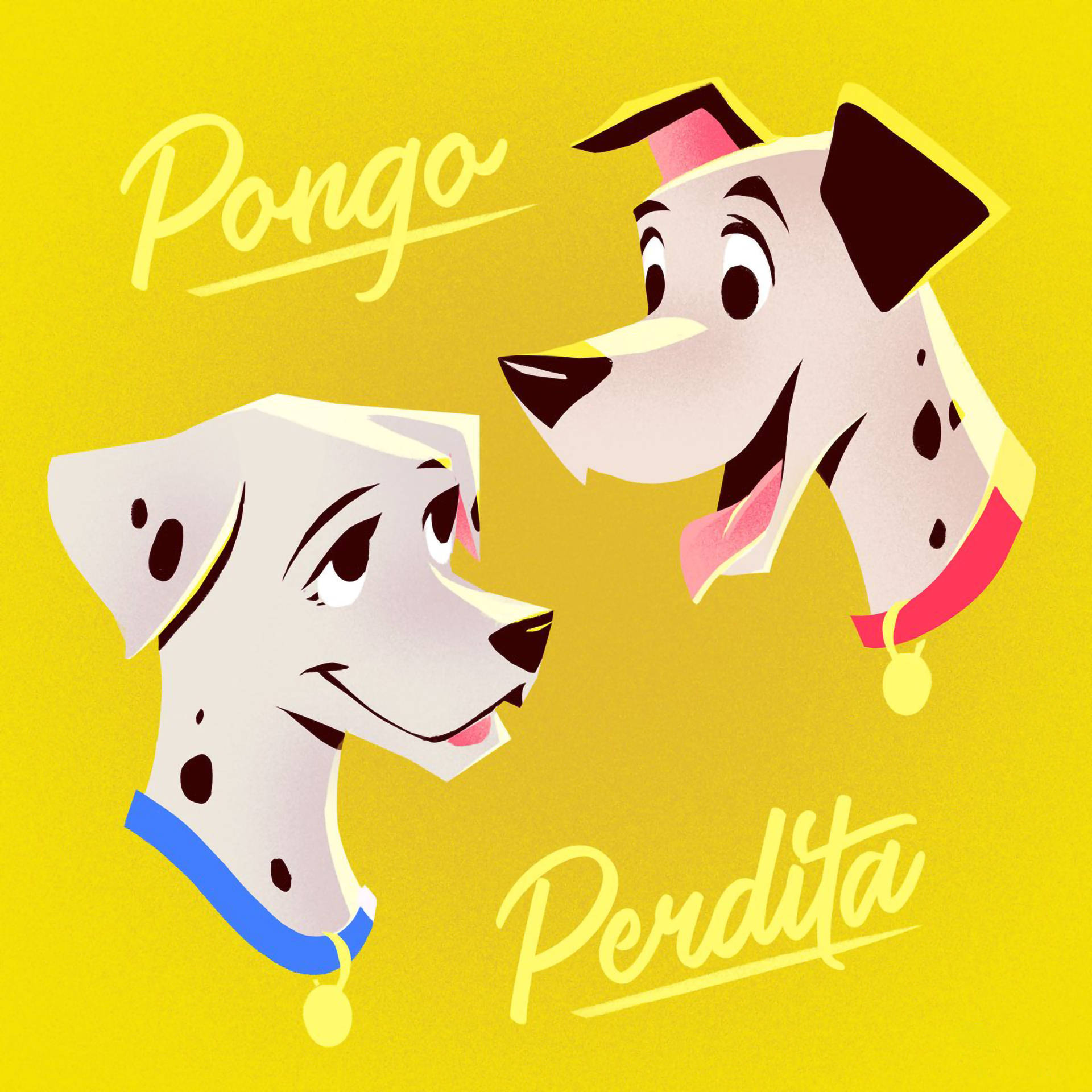 101隻斑點狗：彭戈與佩迪塔 壁紙 — 兩隻開心的斑點狗 Pongo 和 Perdita 在鮮黃色背景上互相凝視。