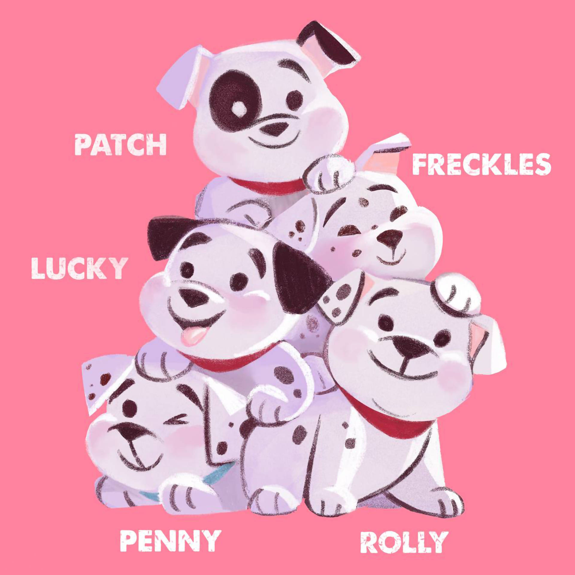 101隻斑點狗：粉紅背景 壁紙 — 五隻快樂嘅大麥町幼犬，名叫Patch、Freckles、Lucky、Penny同Rolly，堆埋一齊喺柔軟嘅粉紅色背景上。