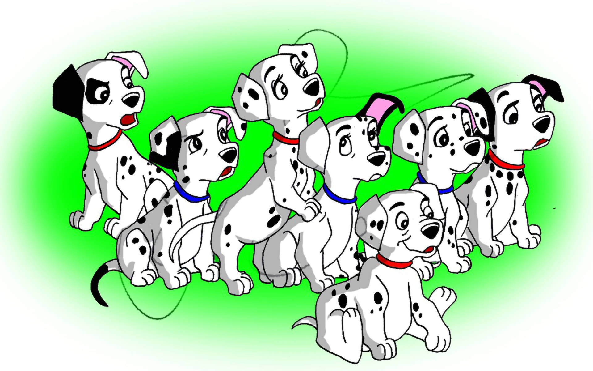 101隻斑點狗：綠色背景幼犬 壁紙 — 一群卡通斑點狗幼犬，表情各異，戴著色彩繽紛的項圈，坐在明亮的綠色漸變背景前。