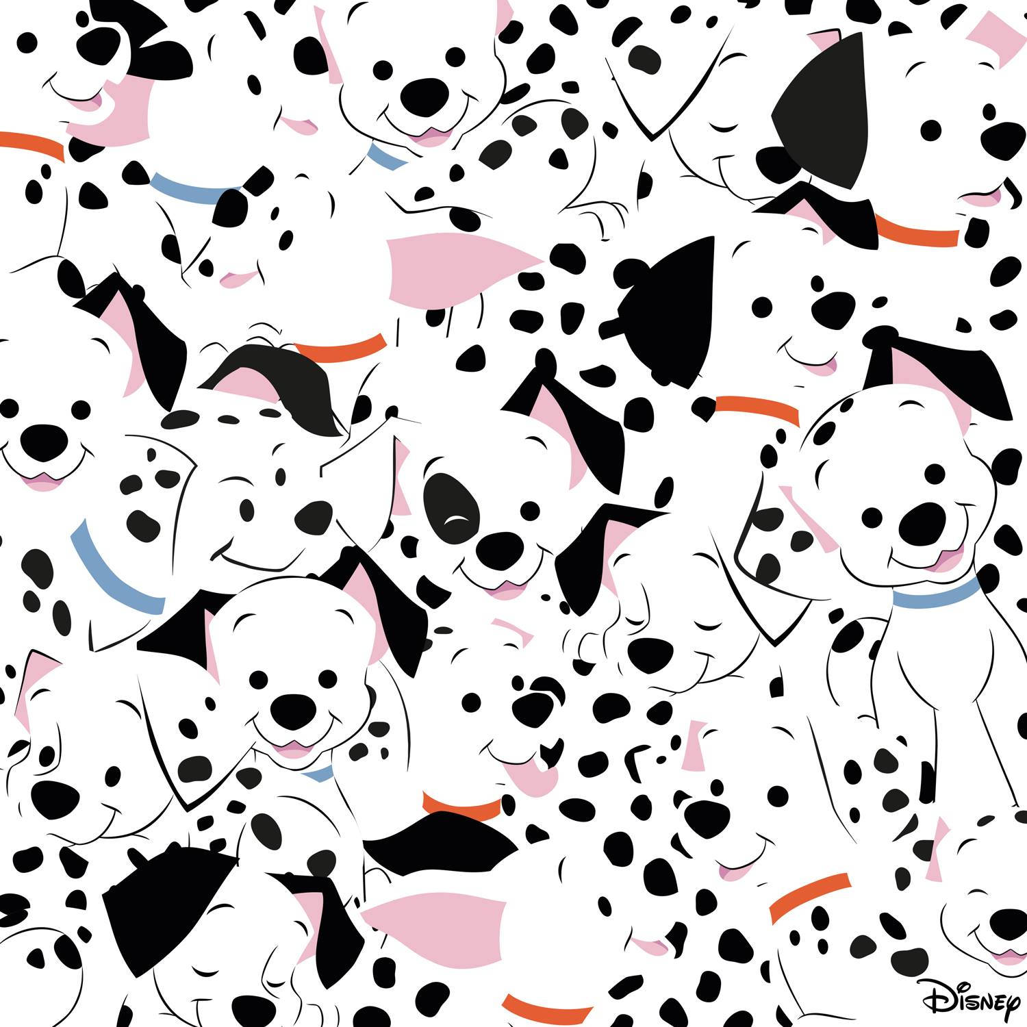 101隻斑點狗：緊湊排列 壁紙 — 一個快樂的圖案，卡通斑點狗幼犬帶有黑色斑點、粉紅色耳朵和彩色項圈，在重複設計中微笑。
