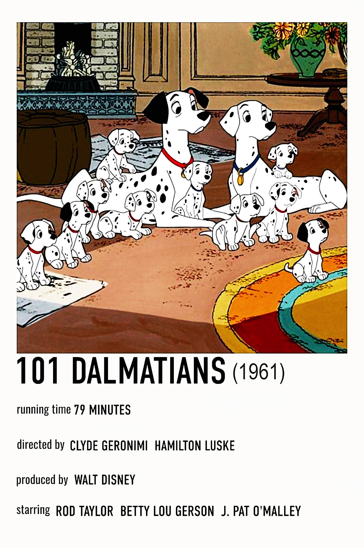 101隻斑點狗極簡海報 壁紙 — 一張經典的1961年迪士尼動畫海報顯示一群大麥町幼犬聚集在一個舒適的客廳裡，配有壁爐和彩色地毯。