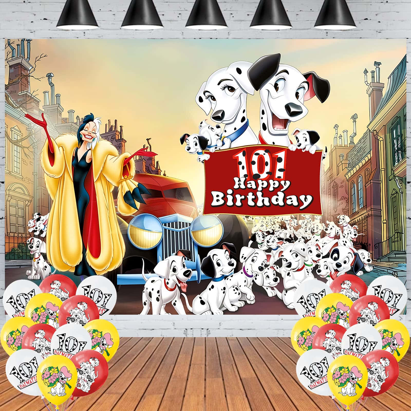 101斑點狗生日派對背景，帶有氣球和卡通角色。