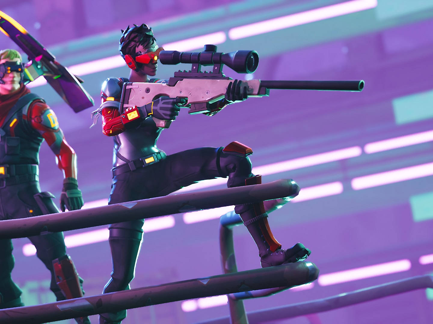 兩個Fortnite角色在霓虹燈照亮的屋頂上瞄準武器。