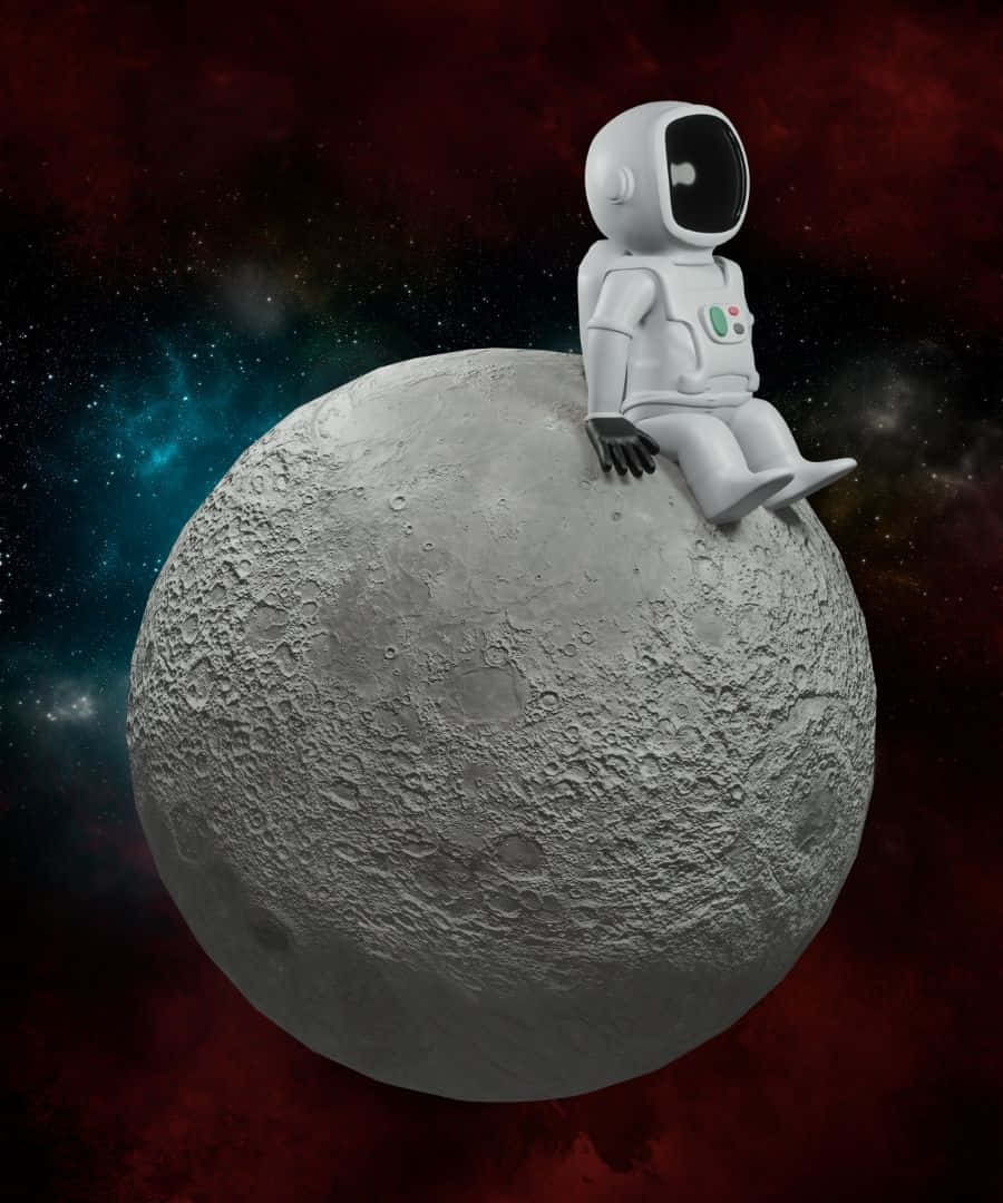 一個小太空人獨自坐在色彩繽紛星雲中的月球上。
