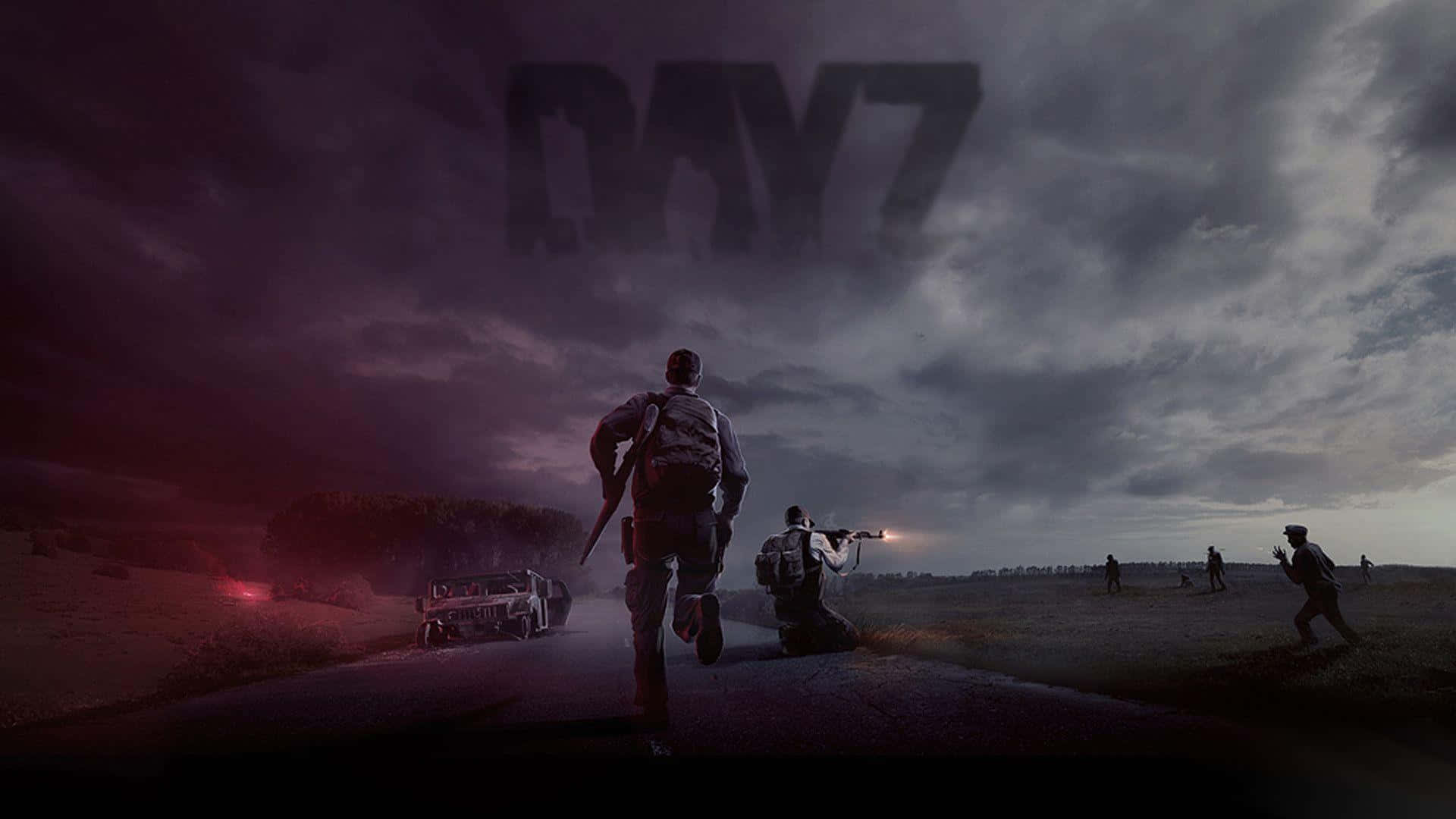 1080p DayZ 背景：人物對抗殭屍 壁紙 — 士兵們在風暴黃昏的天空下衝過荒涼的道路，不祥的「DAY 7」懸浮在上方。