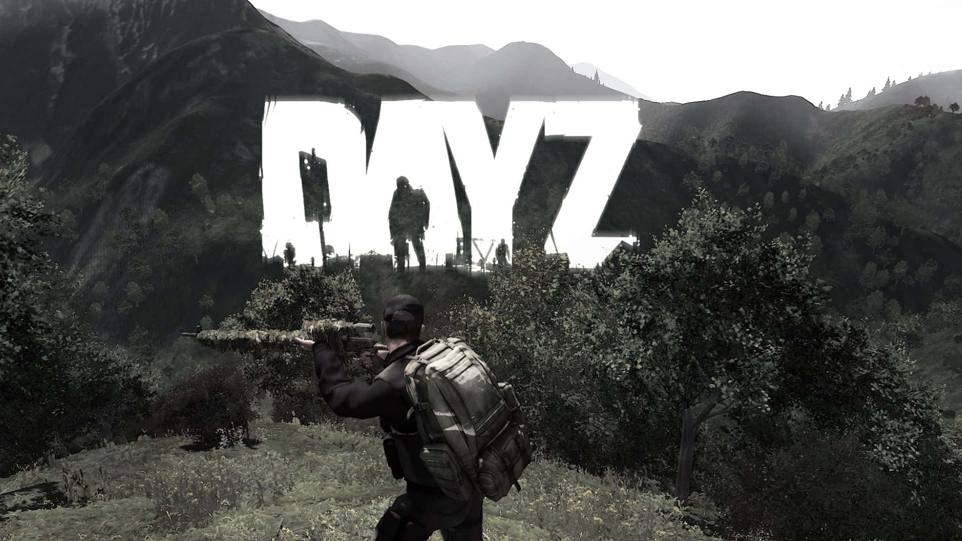 士兵在山地地形中瞄準步槍，帶有DAYZ標誌覆蓋。