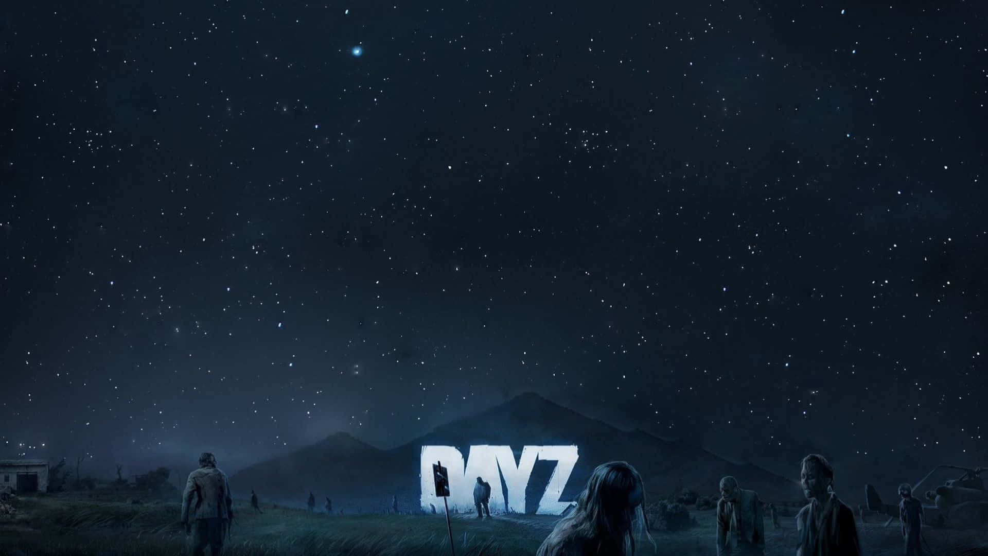 殭屍站在星空下，靠近發光的DAYZ字母，位於貧瘠的田野中。