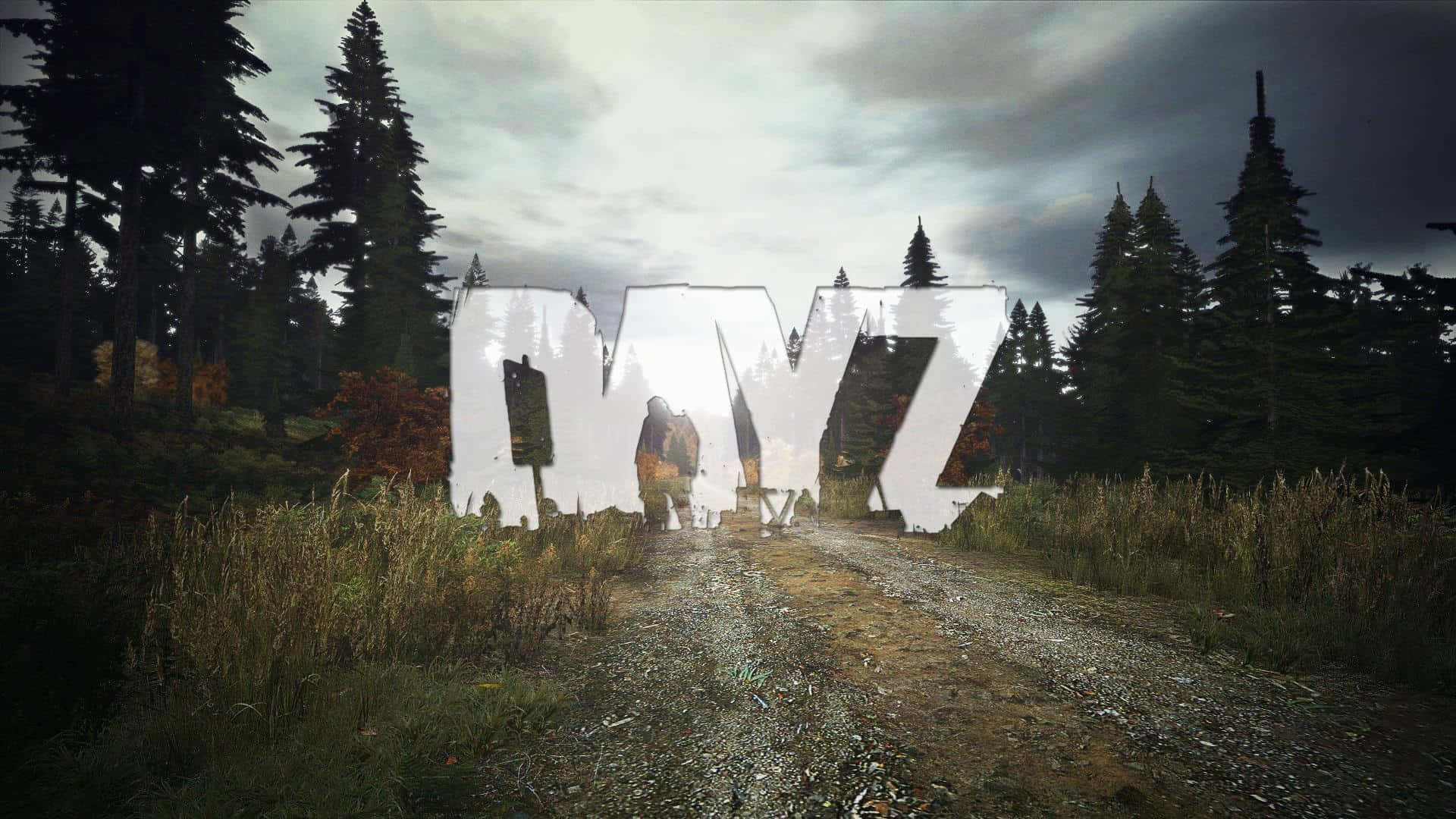1080p DayZ背景：石徑 壁紙 — 一個孤獨的身影沿著碎石路穿過迷霧森林，前方有巨大的白色字母拼出「MYZ」若隱若現。